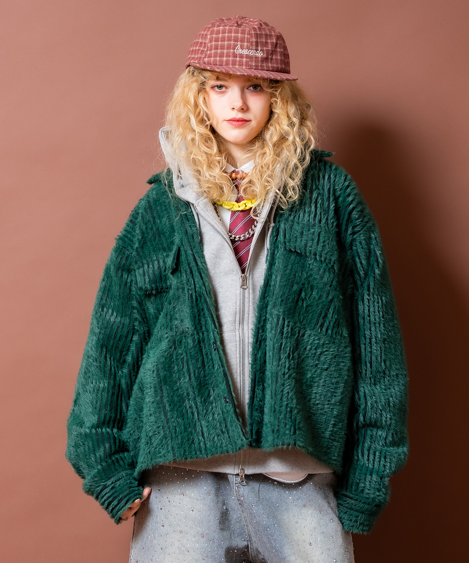 a.p.o.v. クロップド丈オーバーサイズストライプファージャケット