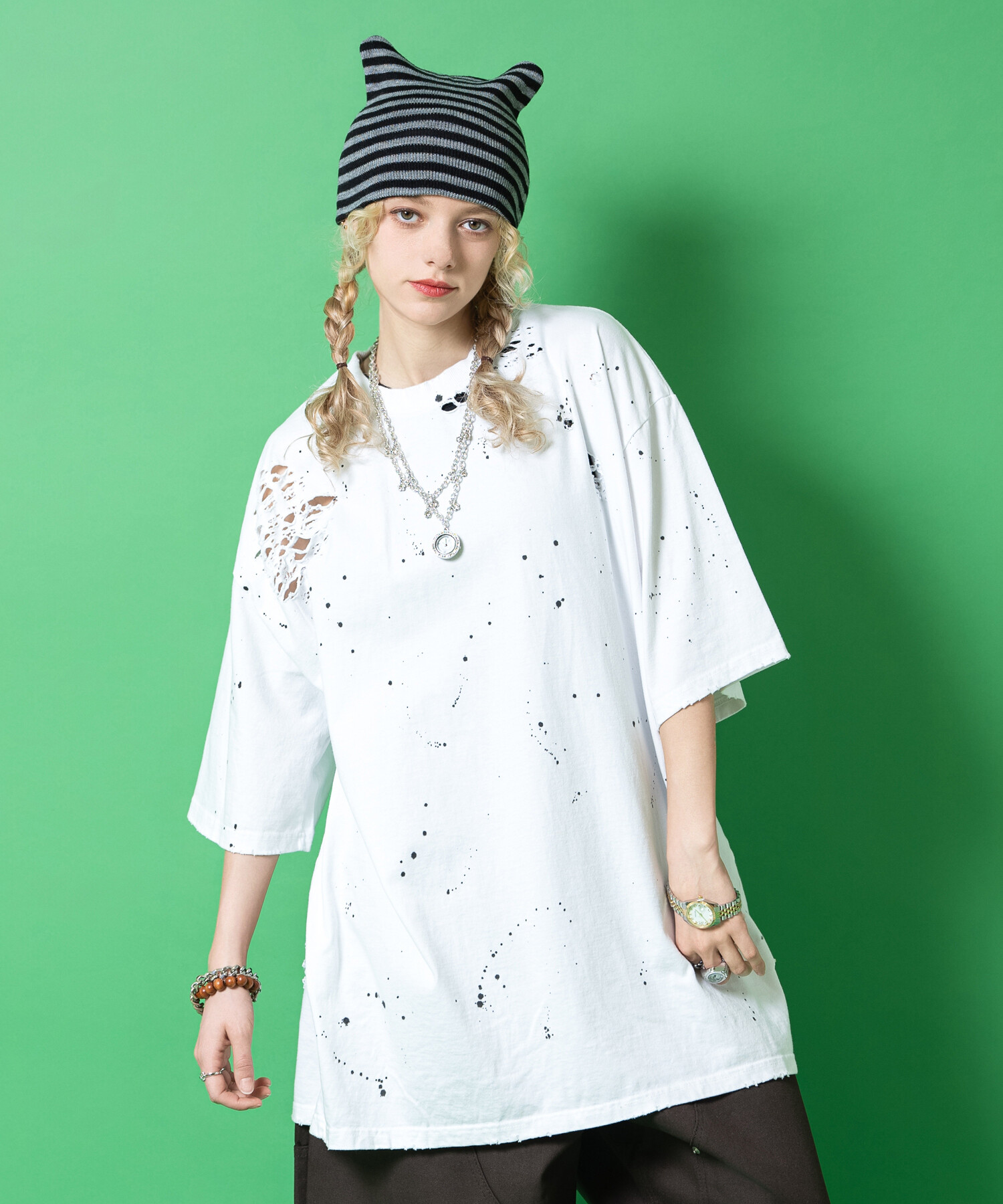 スプラッターペイントダメージ加工コットンオーバーサイズTシャツ