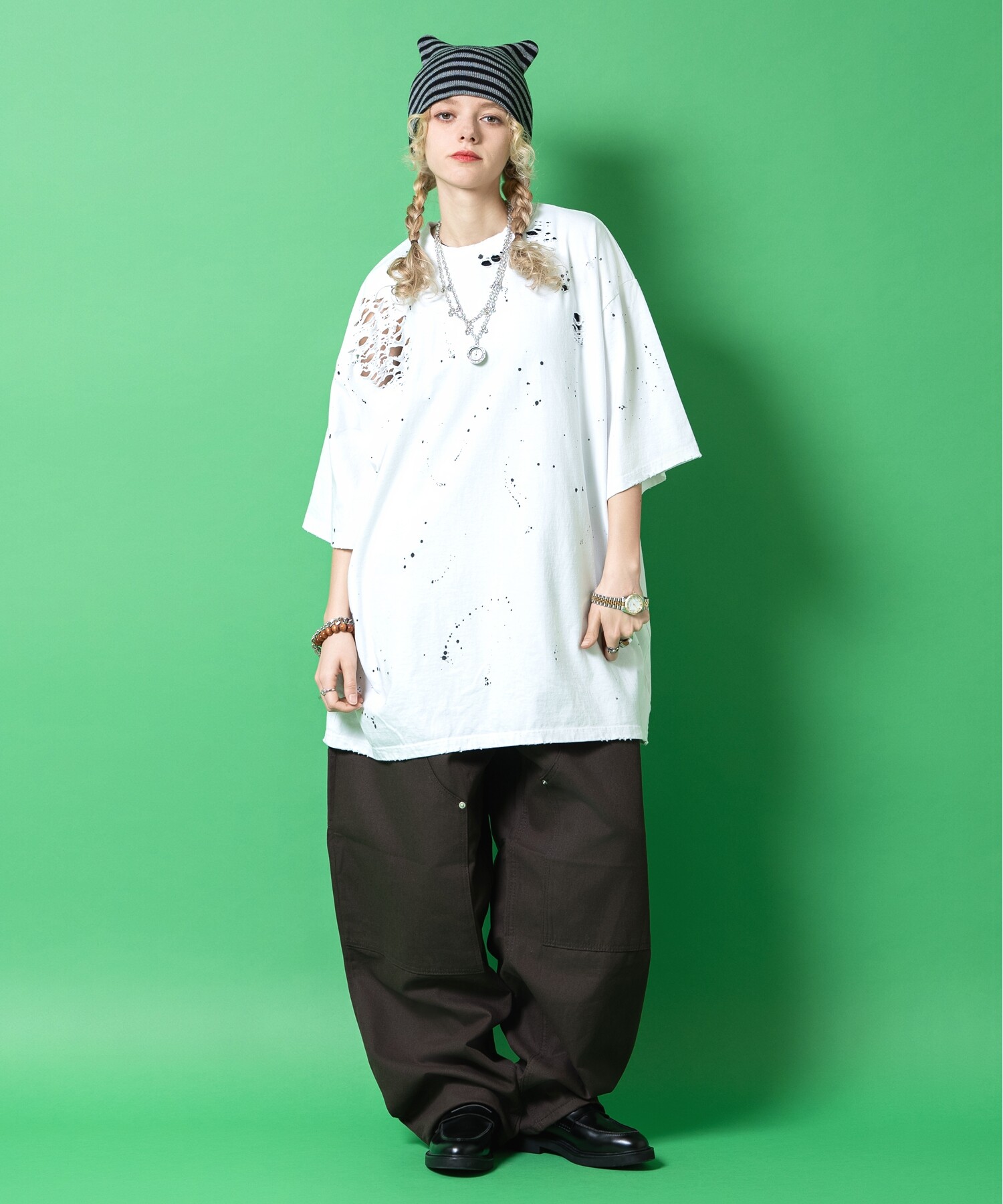 スプラッターペイントダメージ加工コットンオーバーサイズTシャツ