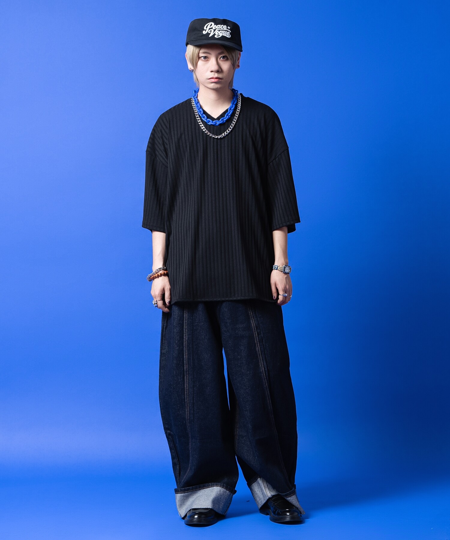 オーバーサイズVネックストレッチリブTシャツ / ユニセックス 半袖