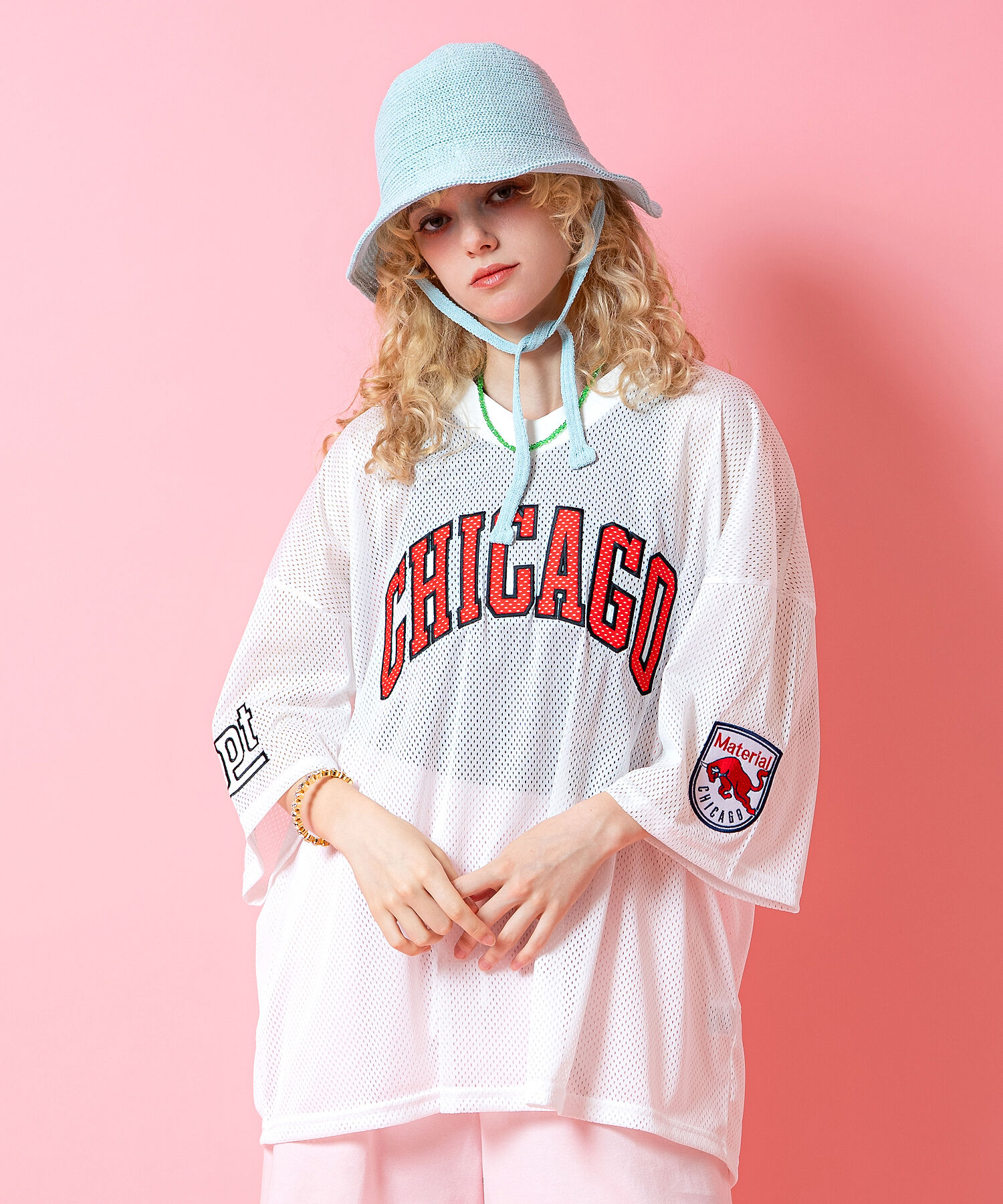 a.p.o.v. CHICAGO刺繍バスケットボールスタイルワッペンオーバーサイズメッシュゲームシャツ