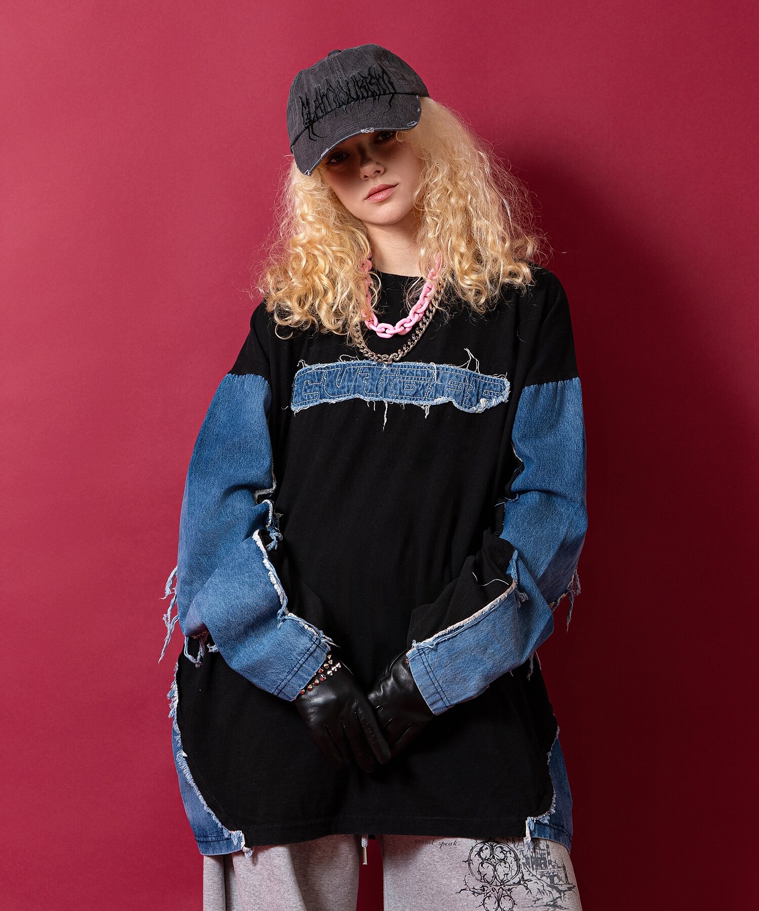 a.p.o.v. オーバーサイズデニム切替ロングTシャツ