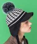 an meets zakka 千鳥柄ボンボンツバ付き３WAYイヤーフラップニットキャップ