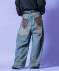 a.p.o.v. スタッズ合成皮革パッチワークポケットスーパーワイドヴィンテージオーバーダイデニムパンツ/ブルー