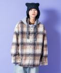 a.p.o.v. チェック柄カーリーボアスウェットフード切り替えオーバーサイズシャツジャケット/ブラウン