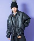 a.p.o.v. ヴィンテージ加工合成皮革オーバーサイズ中綿ブルゾンジャケット/ブラック