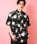 a.p.o.v.  フラワーシルエット＆ストライプ半袖シャツ/ブラック