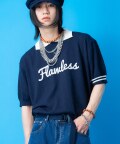 a.p.o.v. -ankoROCK's select- フロントロゴ＆アシンメトリー２ラインツートーンパイルニットポロシャツ/ネイビー
