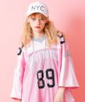 a.p.o.v.  サテン×メッシュ×リブ切替ナンバリングオーバーサイズフットボールシャツ/ピンク