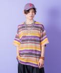a.p.o.v.  レトロマルチボーダーメッシュ編みニットTシャツ/パープル