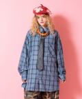 a.p.o.v. ストリートフォントバック刺繍オーバーサイズシワ加工コットンガーゼチェックシャツ/ブルー