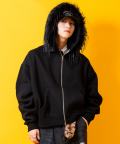 a.p.o.v. ボリュームロングファーフード裏起毛スウェットオーバーサイズ短丈ジップアップパーカー/ブラック