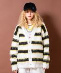 a.p.o.v. ファー混肉厚ニットワイドボーダーオーバーサイズカーディガン/ホワイト×ブラック