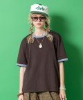 a.p.o.v. クロップド丈オーバーサイズリブリンガーTシャツ/ブラウン