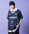 a.p.o.v. ロゴプリントメッシュ襟付きオーバーサイズサッカーゲームTシャツ/ネイビー