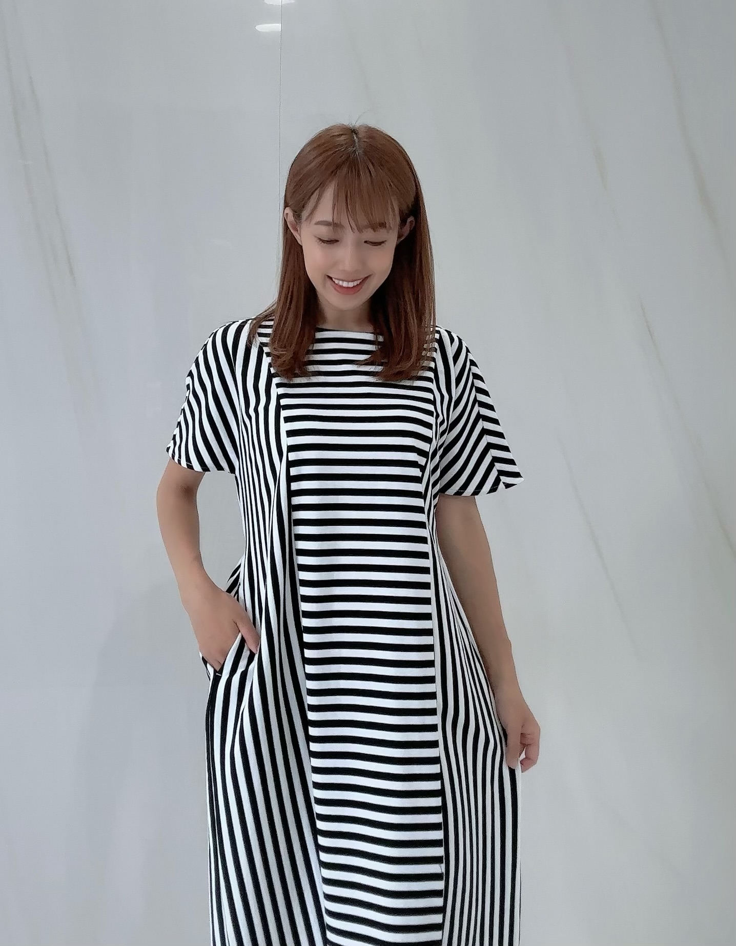 【selva secreta】Stripe×Border Pleats Tshirt  one-piece(white)