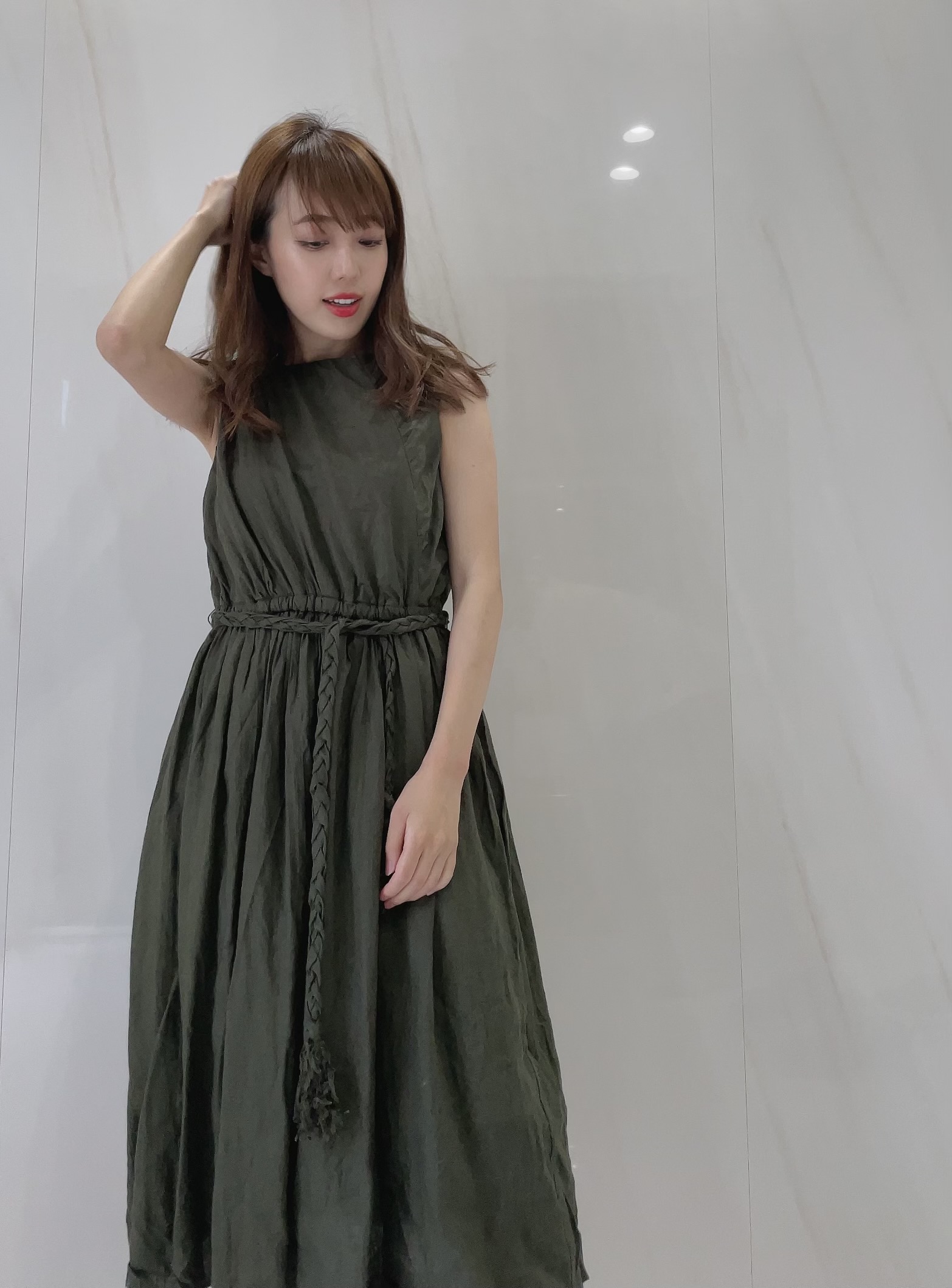 【selva secreta】Linen Wrinkled Dress (Kahki)