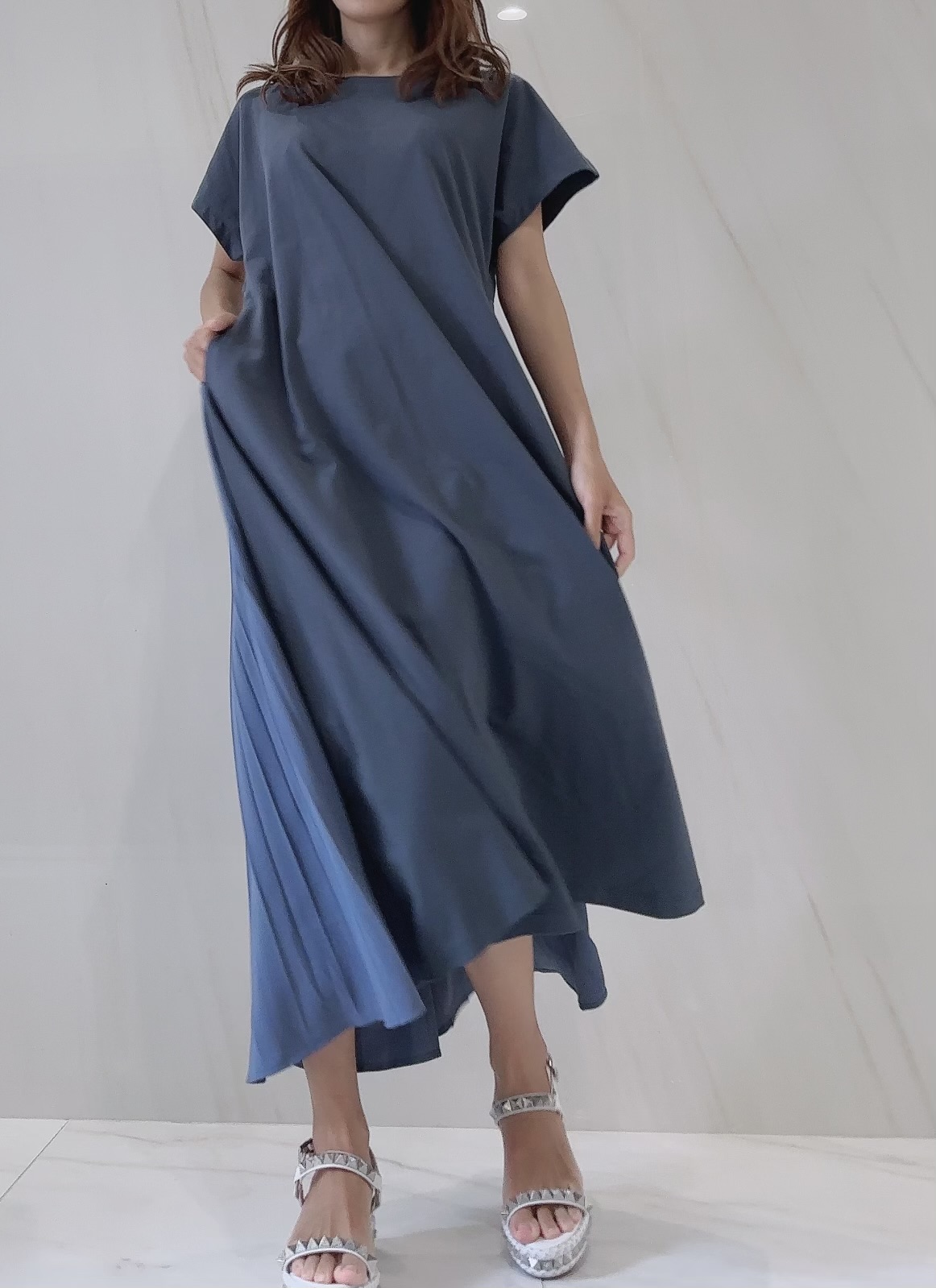 【selva secreta】Pleats Tshirt Pocket one-piece(saxe-blue)