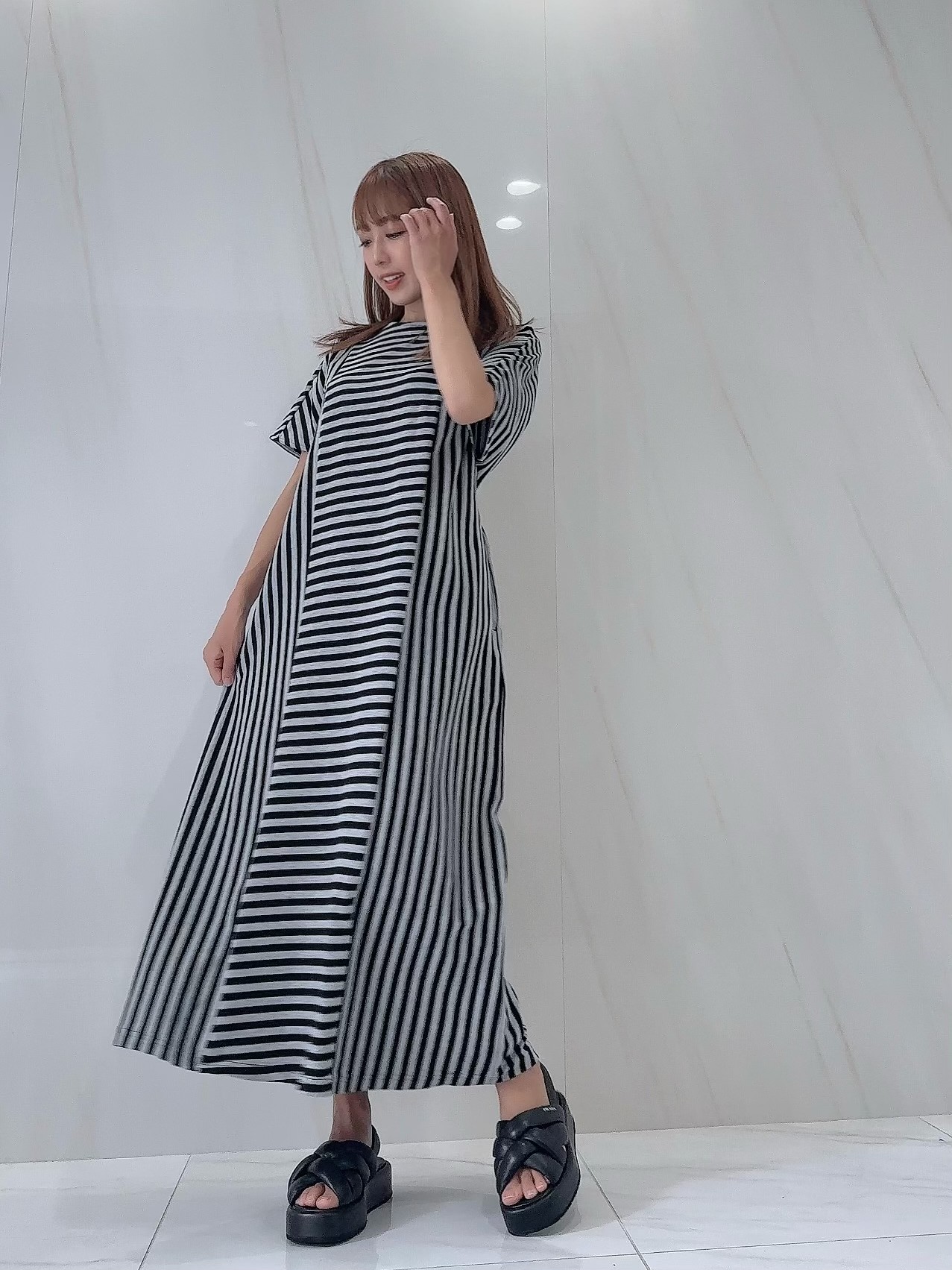 【selva secreta】Stripe×Border Pleats Tshirt  one-piece(gray)