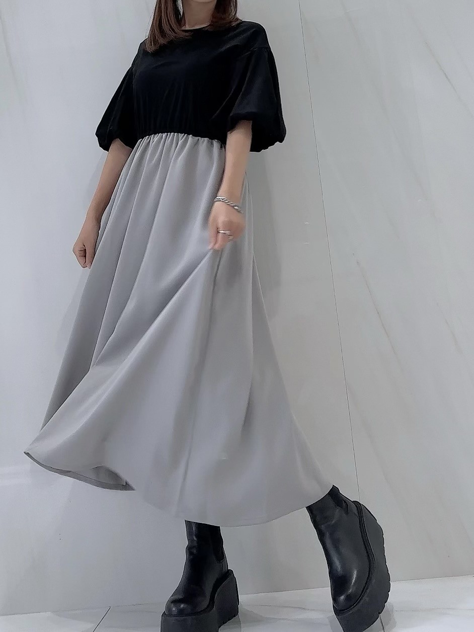 【selva secreta】Balloon sleeves Casual DRESS(black×gray)