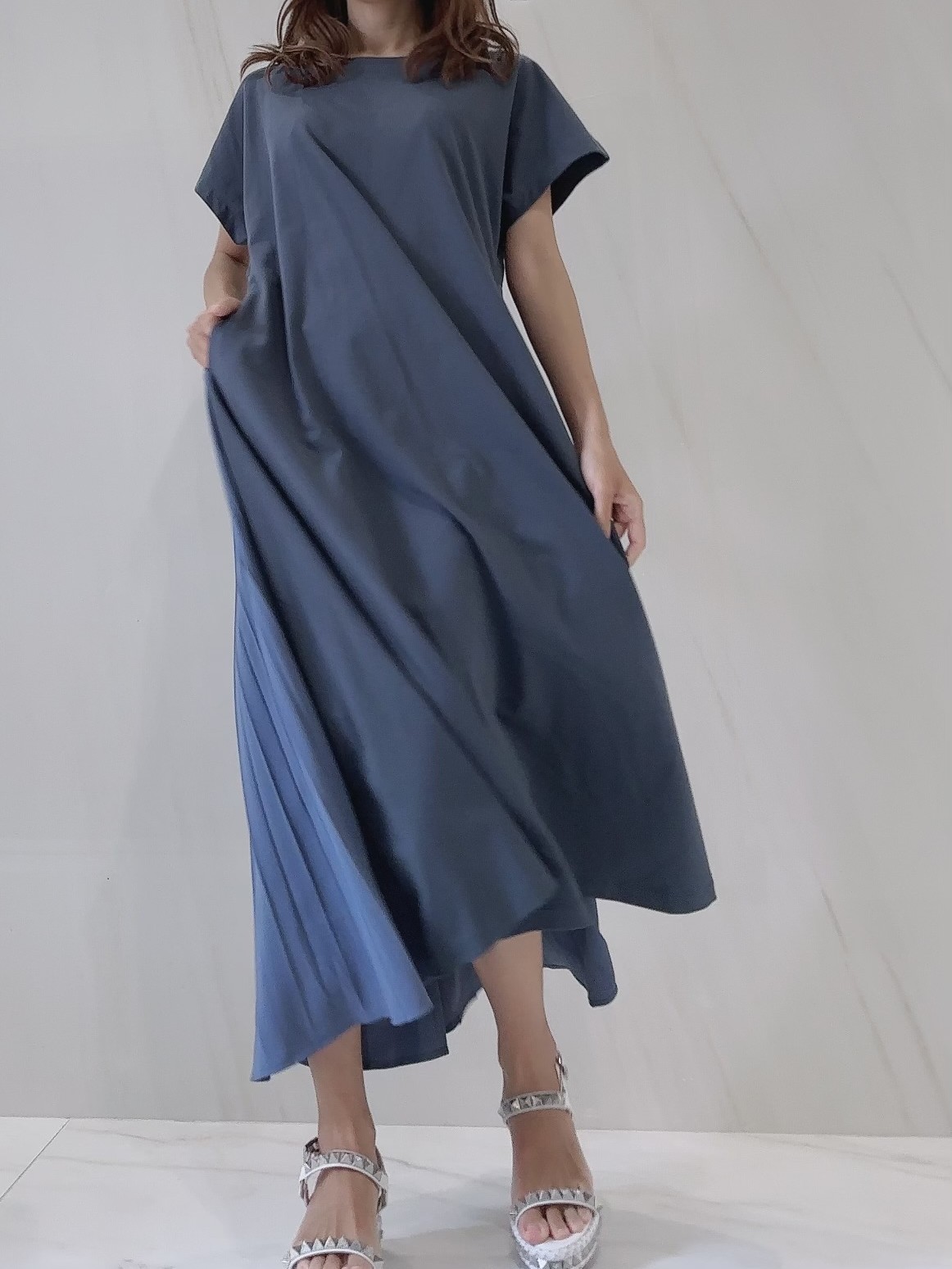 【selva secreta】Pleats Tshirt Pocket one-piece(saxe-blue)