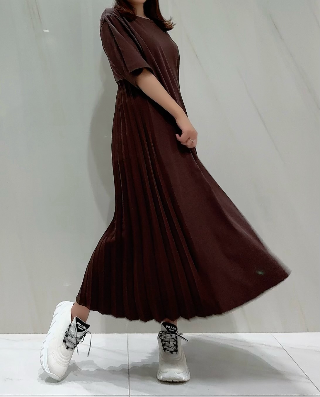 【selva secreta】Pleats Tshirt one-piece half-sleeve(brown)