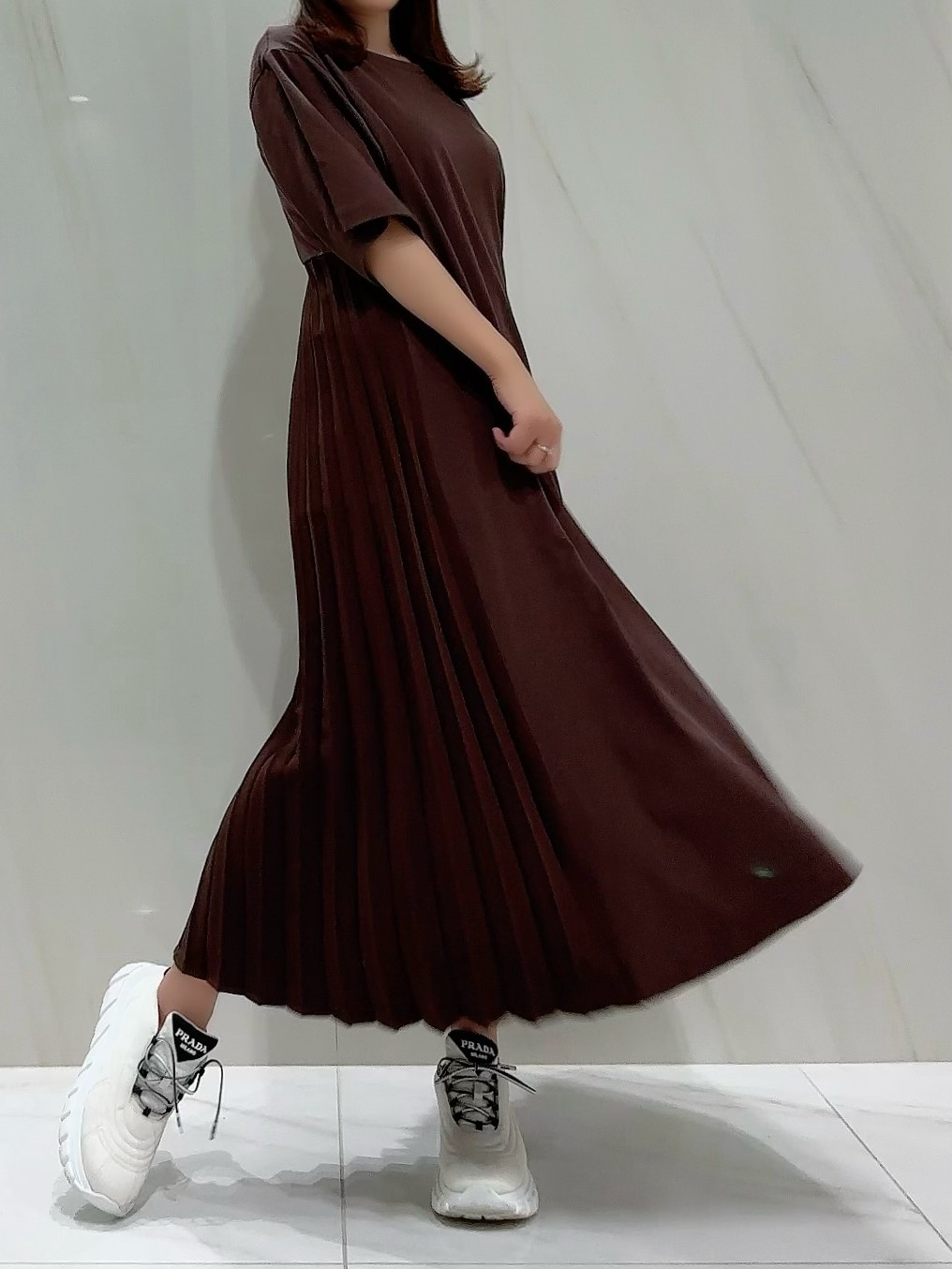 【selva secreta】Pleats Tshirt one-piece half-sleeve(brown)
