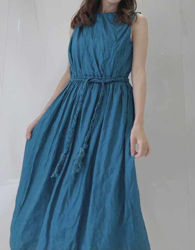 【selva secreta】Linen Wrinkled Dress (Turquoise-blue)