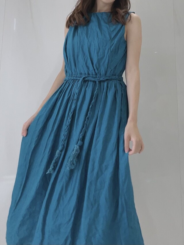 【selva secreta】Linen Wrinkled Dress (Turquoise-blue)