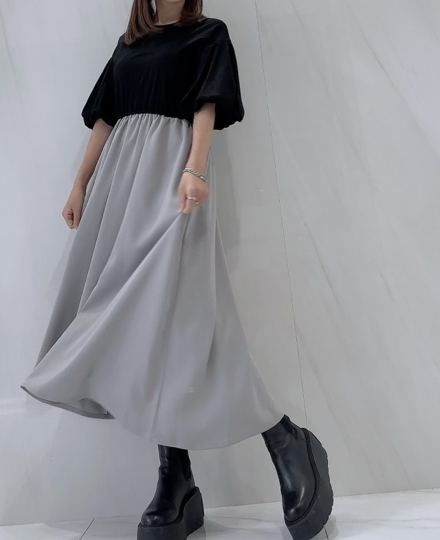 【selva secreta】Balloon sleeves Casual DRESS(black×gray)