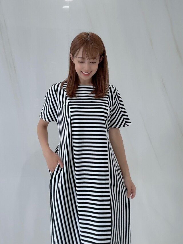 【selva secreta】Stripe×Border Pleats Tshirt  one-piece(white)