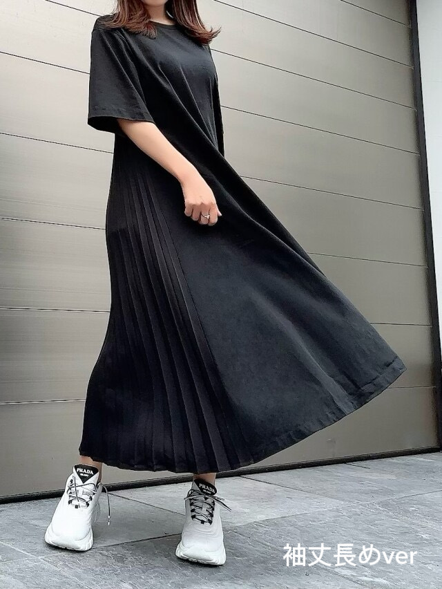 【selva secreta】Pleats Tshirt one-piece half-sleeve(black)