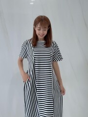 【selva secreta】Stripe×Border Pleats Tshirt  one-piece(white)