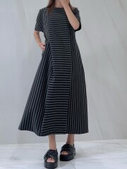 【selva secreta】Stripe×Border Pleats Tshirt  one-piece(dark-gray)