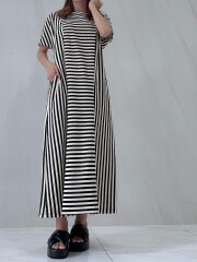 【selva secreta】Stripe×Border Pleats Tshirt  one-piece(beige)