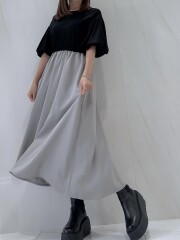 【selva secreta】Balloon sleeves Casual DRESS(black×gray)