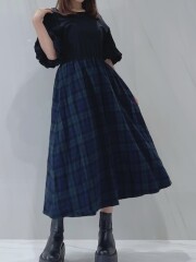 【selva secreta】Balloon sleeves Casual DRESS(black×green-check)
