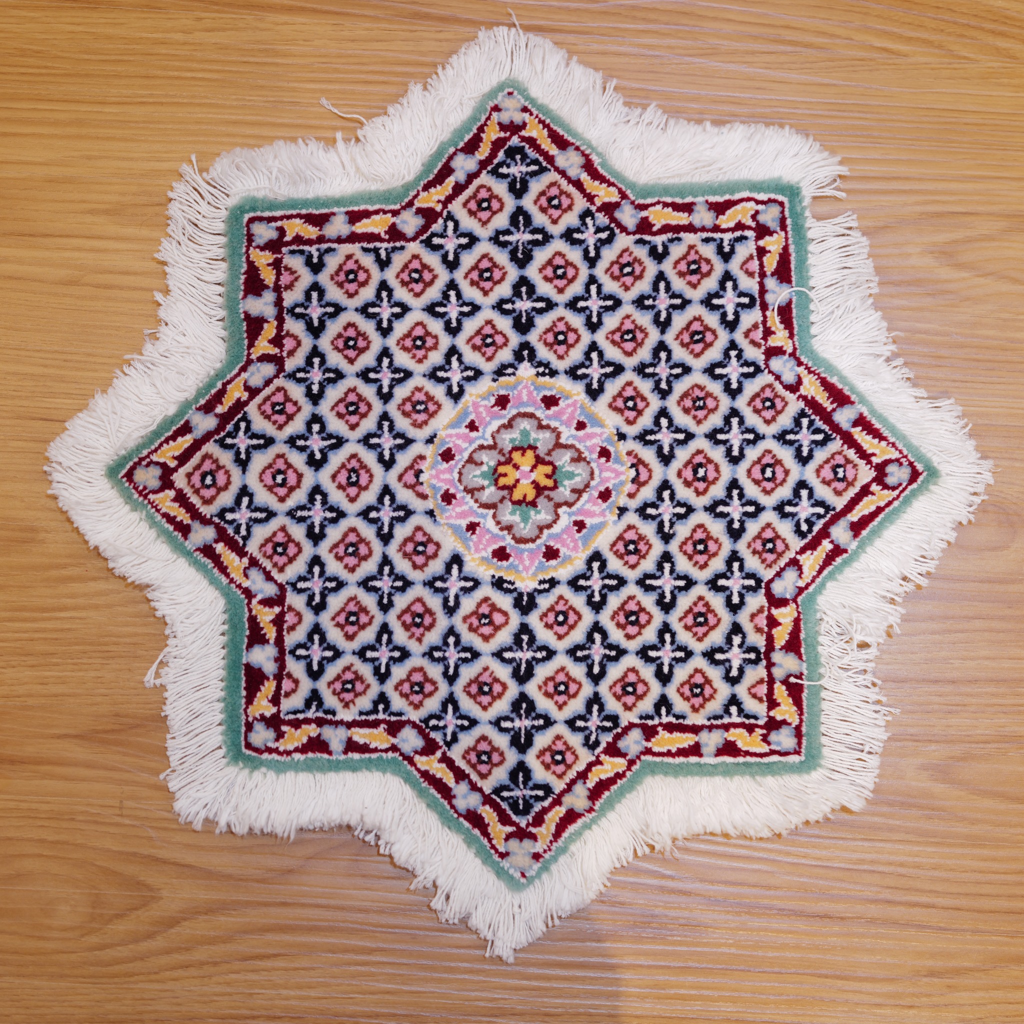 ナイン産 ペルシャ絨毯 星型メダリオンラグ 円形 約45cm ウール×シルク トランジ 唐草模様 高級手織り