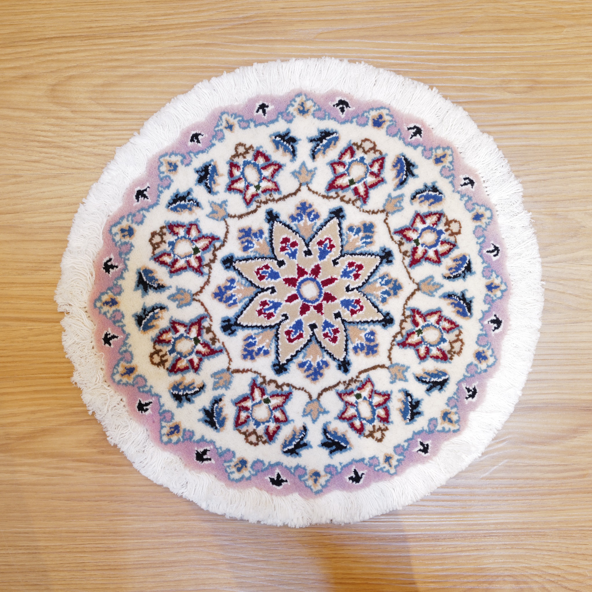 ナイン産 ペルシャ絨毯 円形メダリオンラグ 約41×40cm ウール100% 手織り 高密度 アイボリー×ブルー