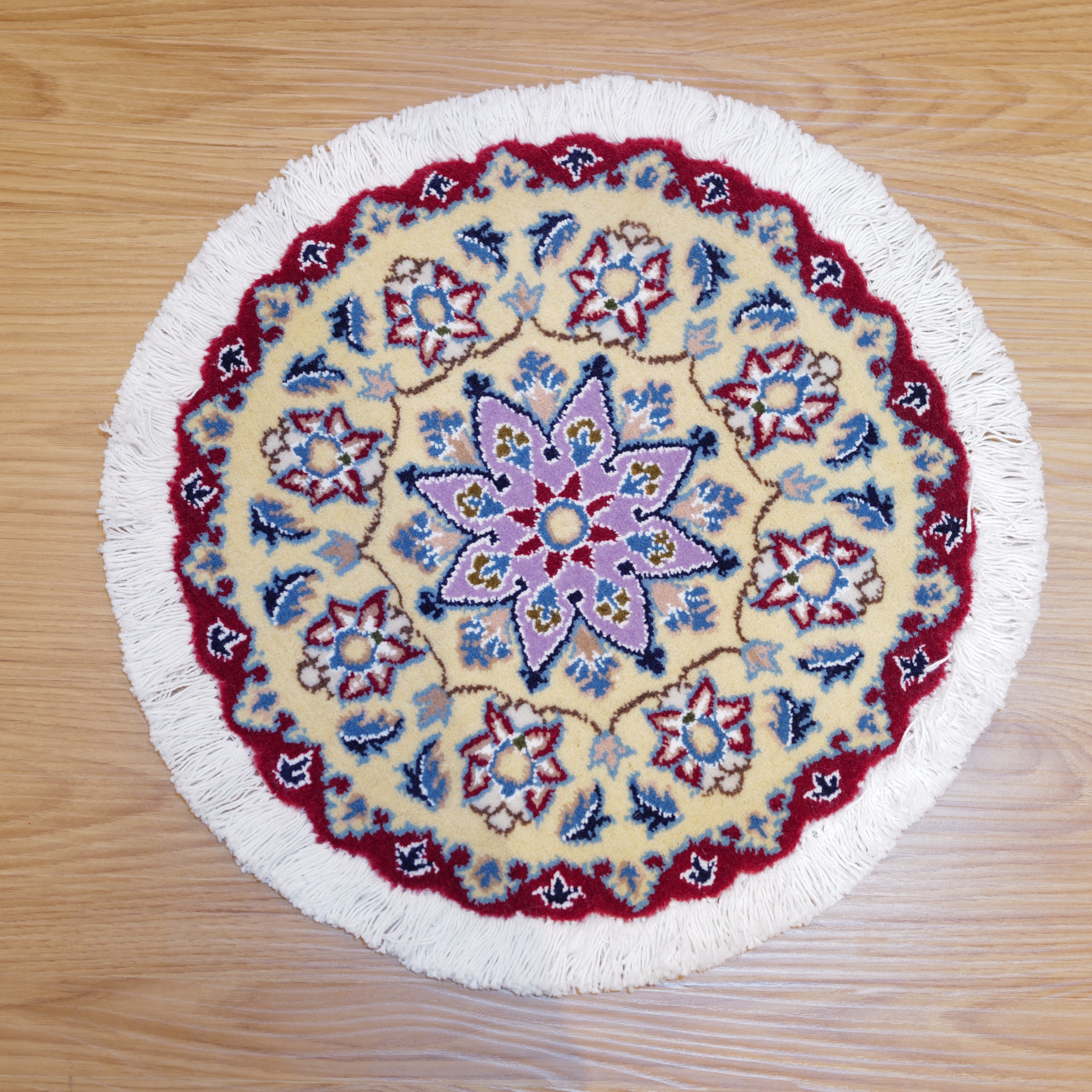 ナイン産 ペルシャ絨毯 円形メダリオンラグ 約42×42cm ウール100% 手織り ベージュ×レッド 高級