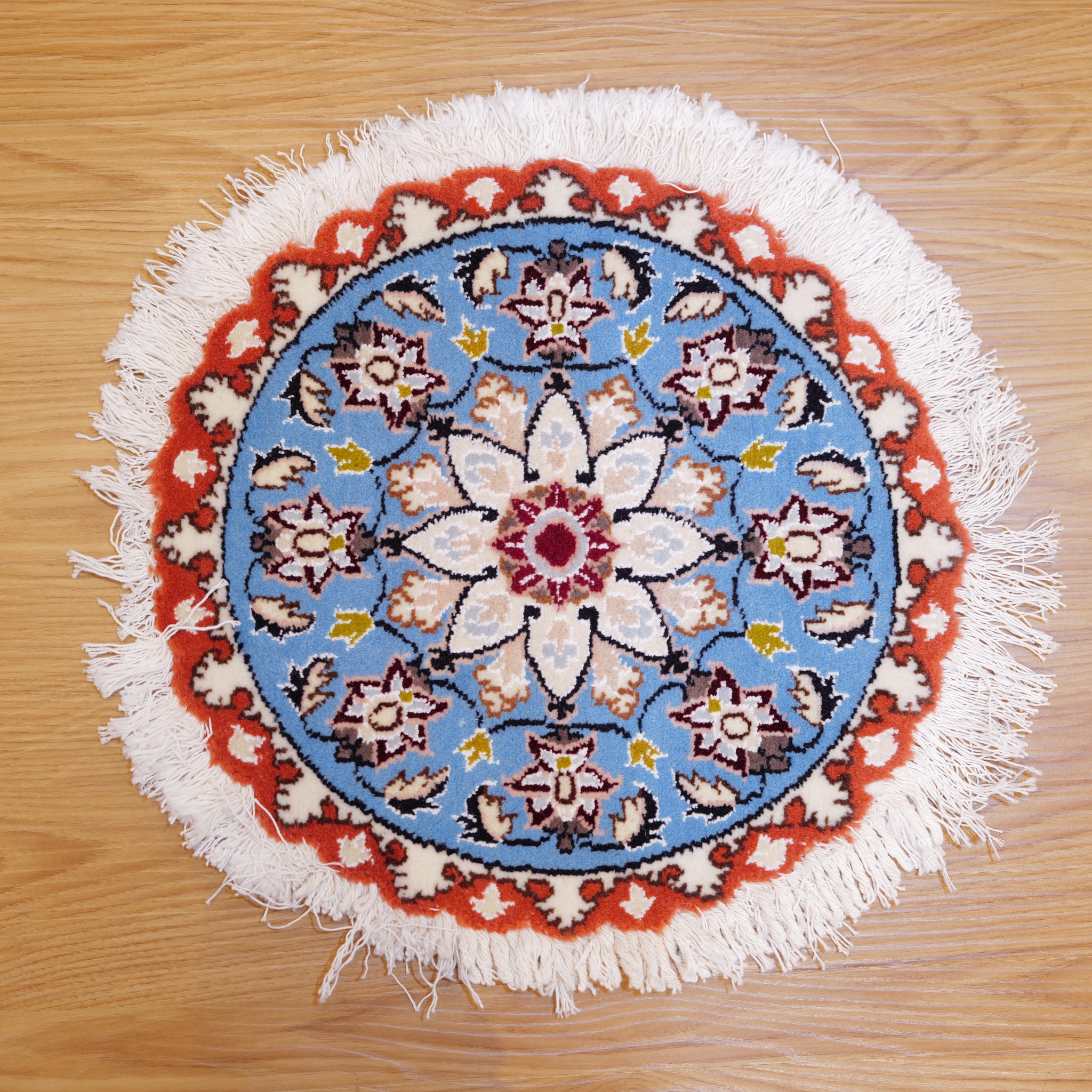 ペルシャ絨毯 円形ラグ 約46×44cm ウール100% 手織り フリンジ付き メダリオン柄 ブルー×レッド