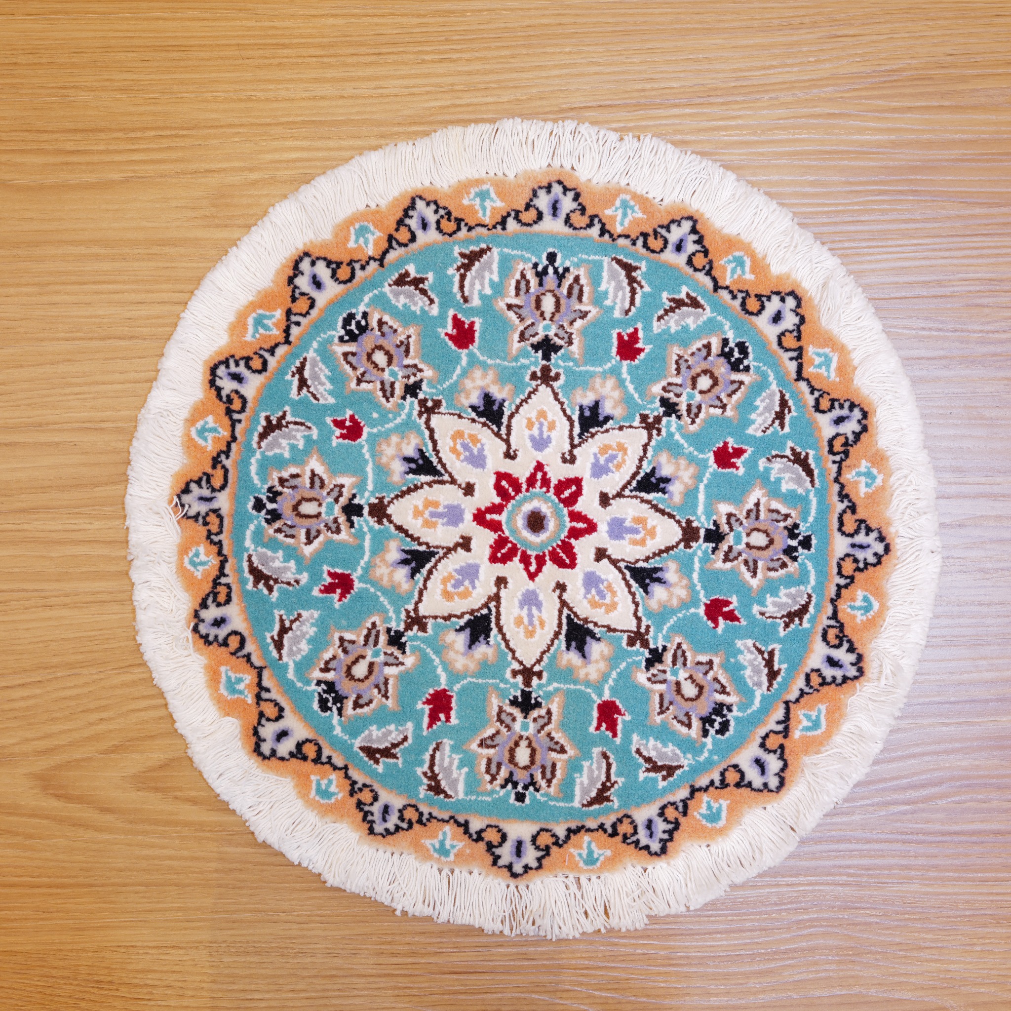ペルシャ絨毯 円形メダリオンラグ 約44×43cm ウール100% 手織り ターコイズブルー×オレンジ 高級