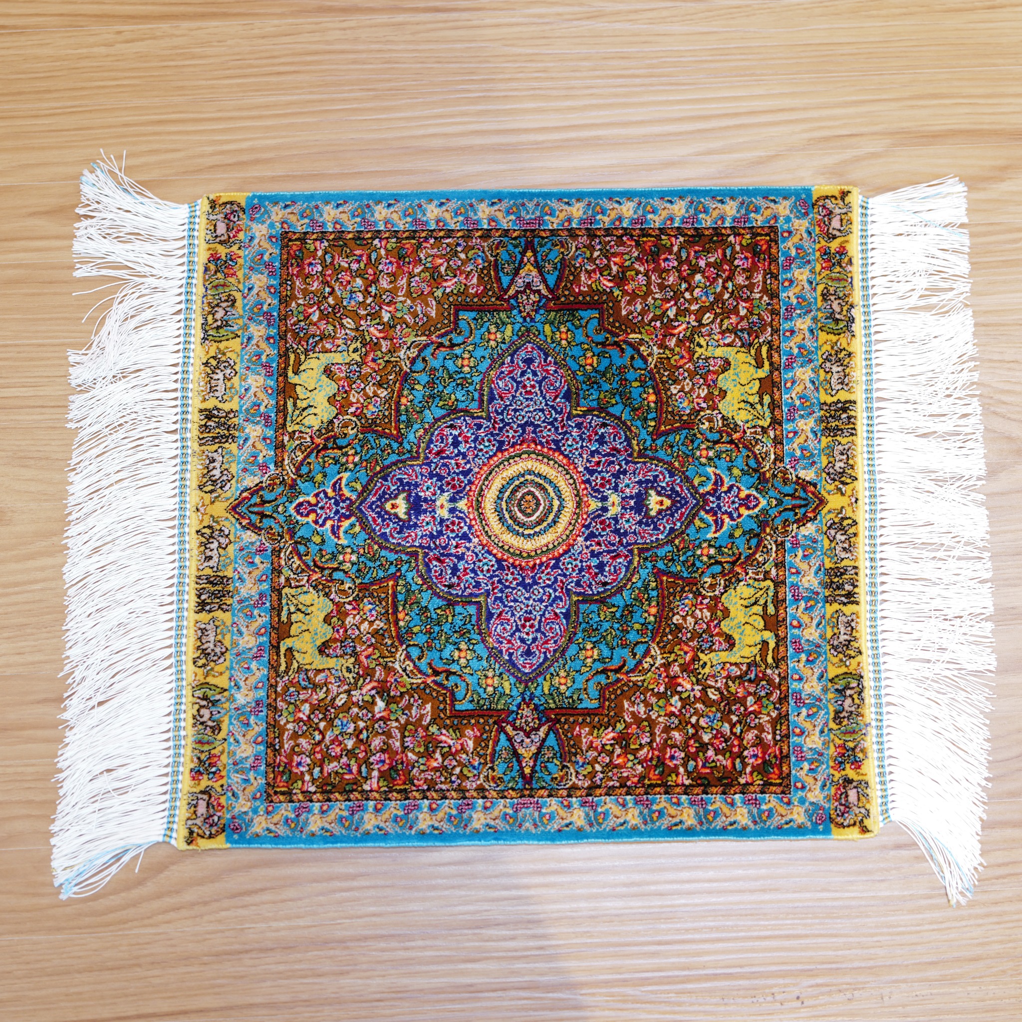 イラン製 ペルシャ絨毯風 ミニラグ 40×40cm モダール100% トランジ柄 メダリオン クム風デザイン 高級インテリア チェアマット タペストリー