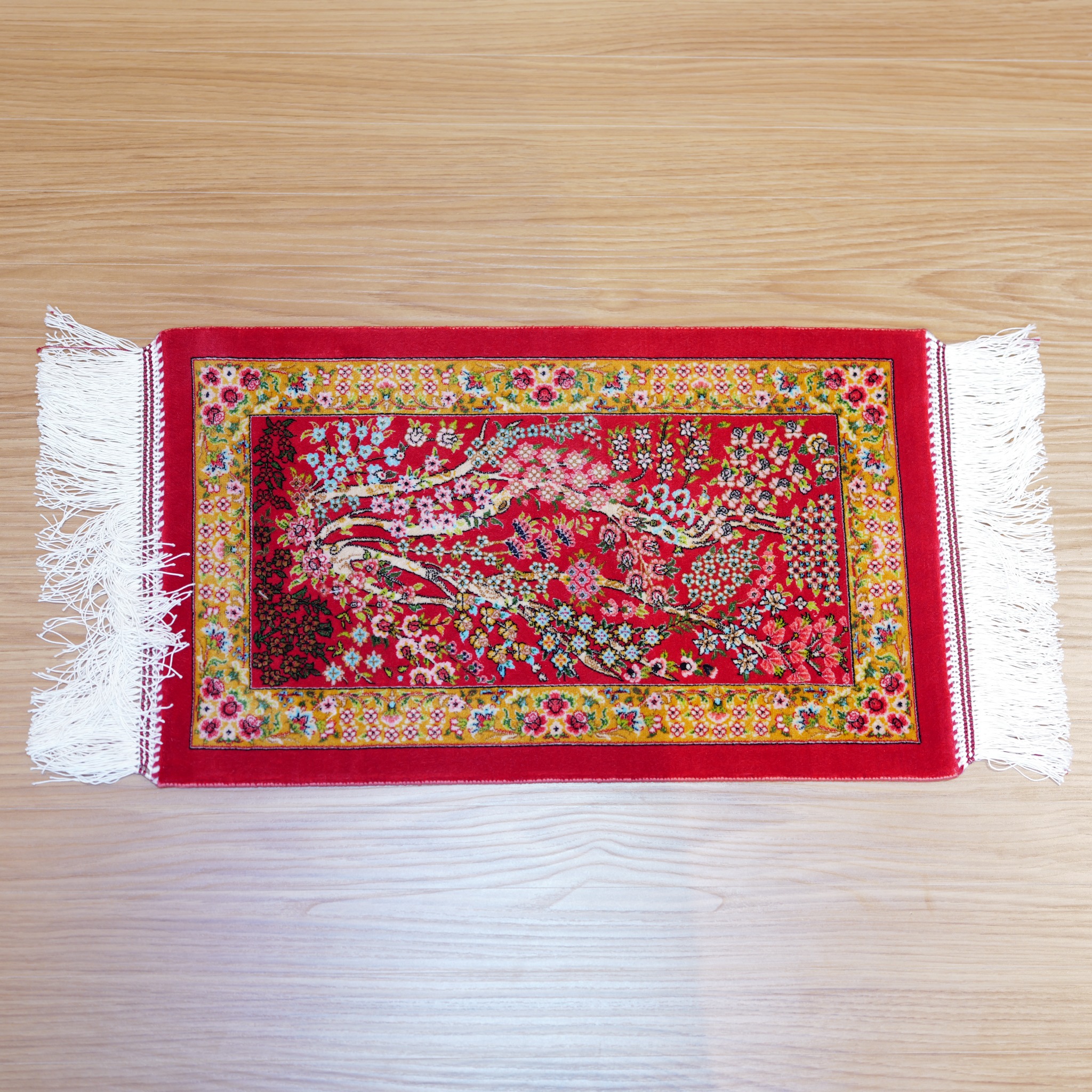 イラン製 ペルシャ絨毯 ウィルトン織 ミニラグ 50×30cm レーヨンモダール100% 生命の木デザイン 高密度170万ノット 玄関マット 高級インテリア