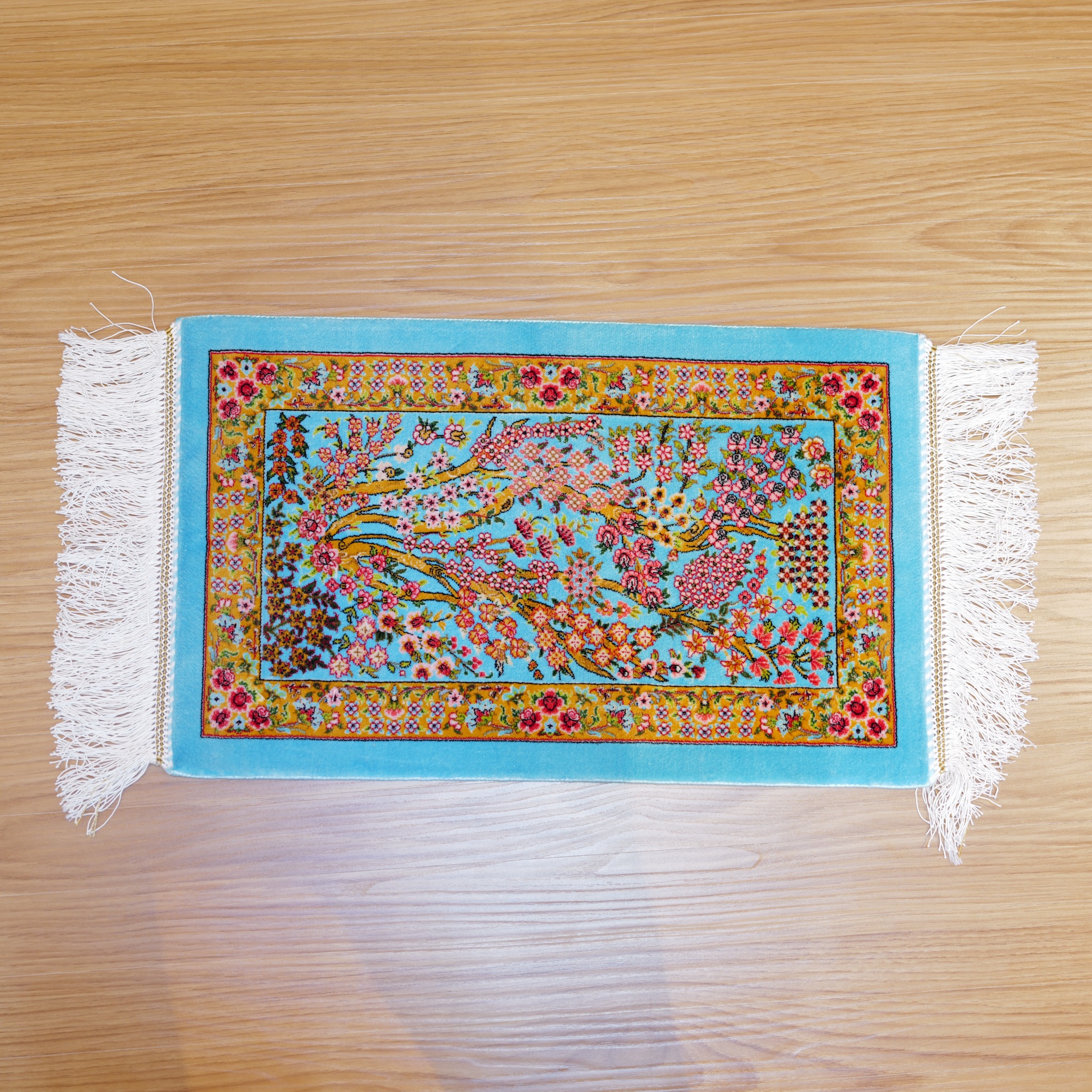 イラン製 ペルシャ絨毯 ミニラグ 50×30cm レーヨンモダール100% 生命の木デザイン イスファハン様式 ターコイズカラー 壁掛け タペストリー 高級