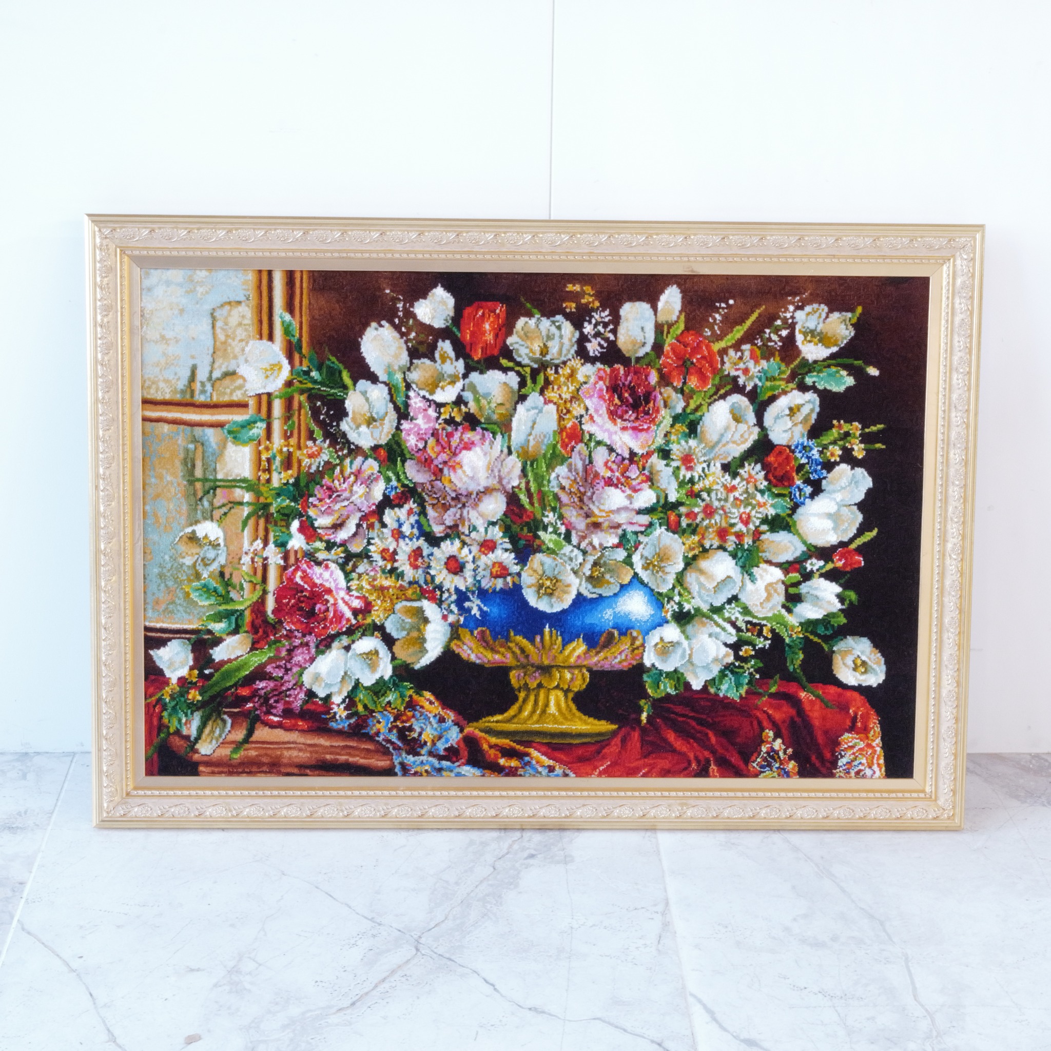 ペルシャ絨毯画 タブロファルシュ タブリーズ産 高品質 シルク混 ウール 手織り 花瓶の花 チューリップ 薔薇 フラワーデザイン  絨毯絵画 美術品