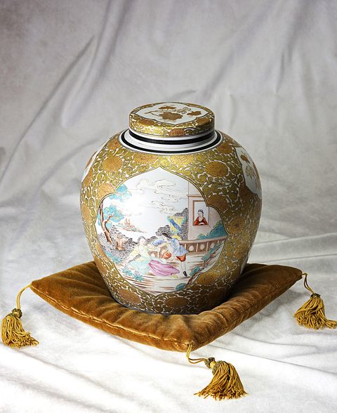 木箱入り 茶壺 骨董品 陶器 美品 唐津焼 宸山窯 鶴 壺 花器 木