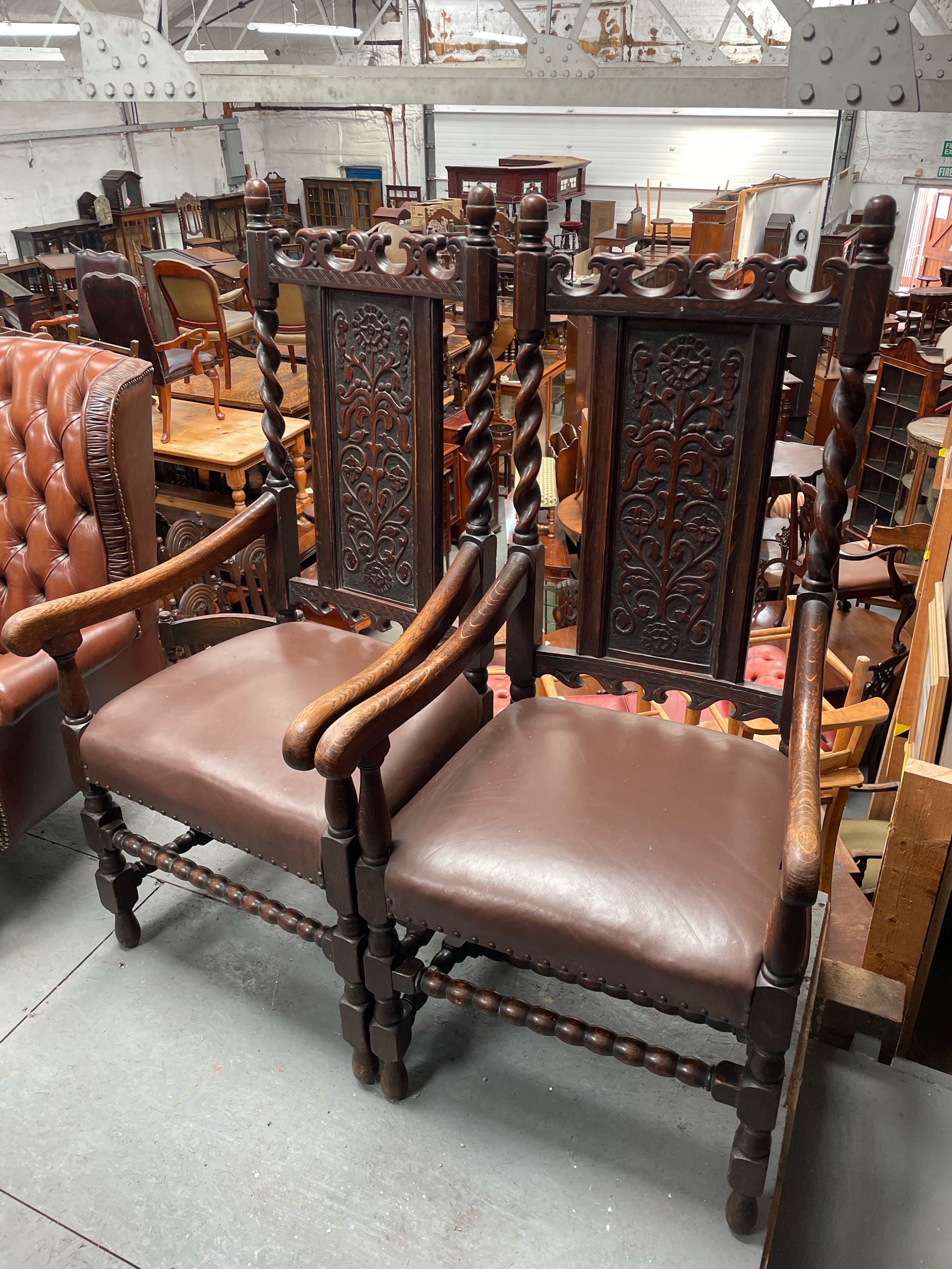 イギリス 1890年代 オーク レザー アームチェア ペア ECUKOB0025