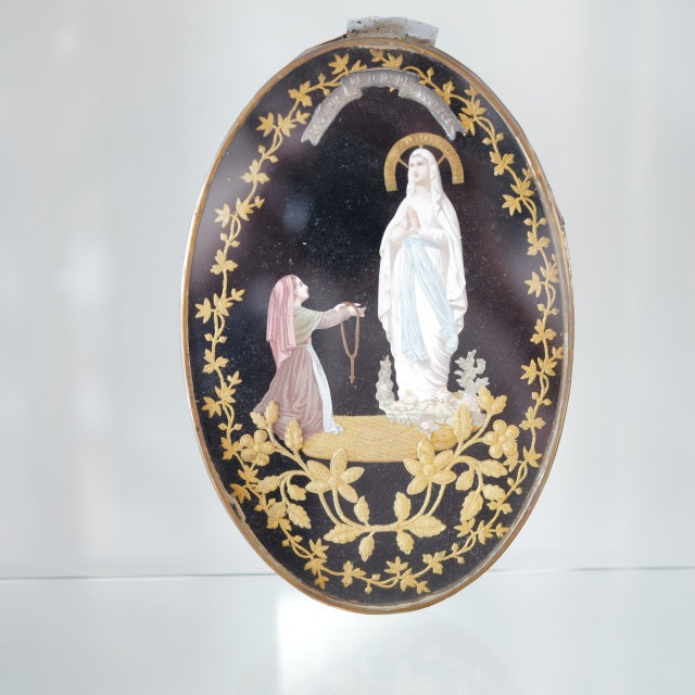 フランス 現地 仕入れ 17〜18世紀頃 アンティーク メダイヨン ルルド マリヤ像 ドームガラス 宗教画 アンティーク