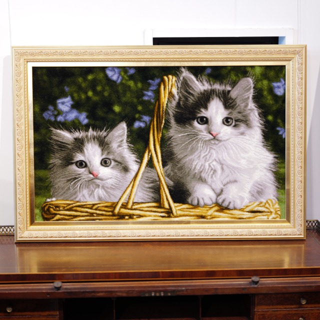 タブリーズ産 ペルシャ絵画絨毯 猫デザイン 40×65cm ウール×シルク 手織り タペストリー 壁掛けアート 高級インテリア